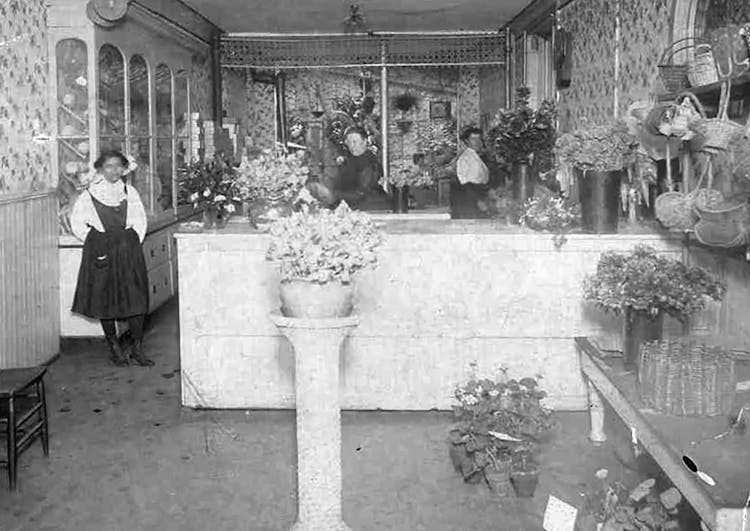 Floral arrangements and plants line the interior of our showroom in the late 1800s